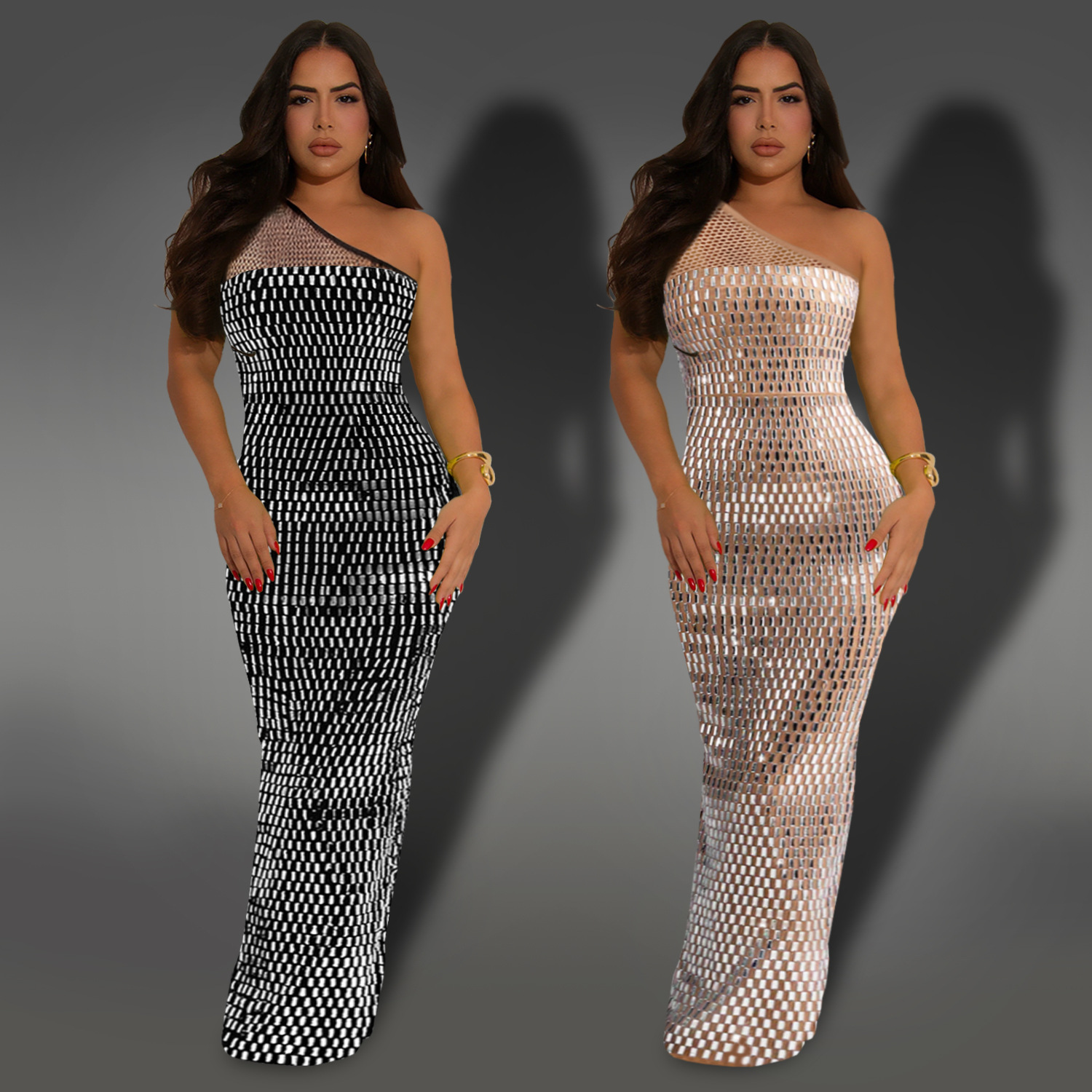 C7422 Cross-border AliExpress Amazon Ropa de mujer de moda europea y americana Vestido sin mangas con hombros inclinados de diamantes calientes de malla sexy