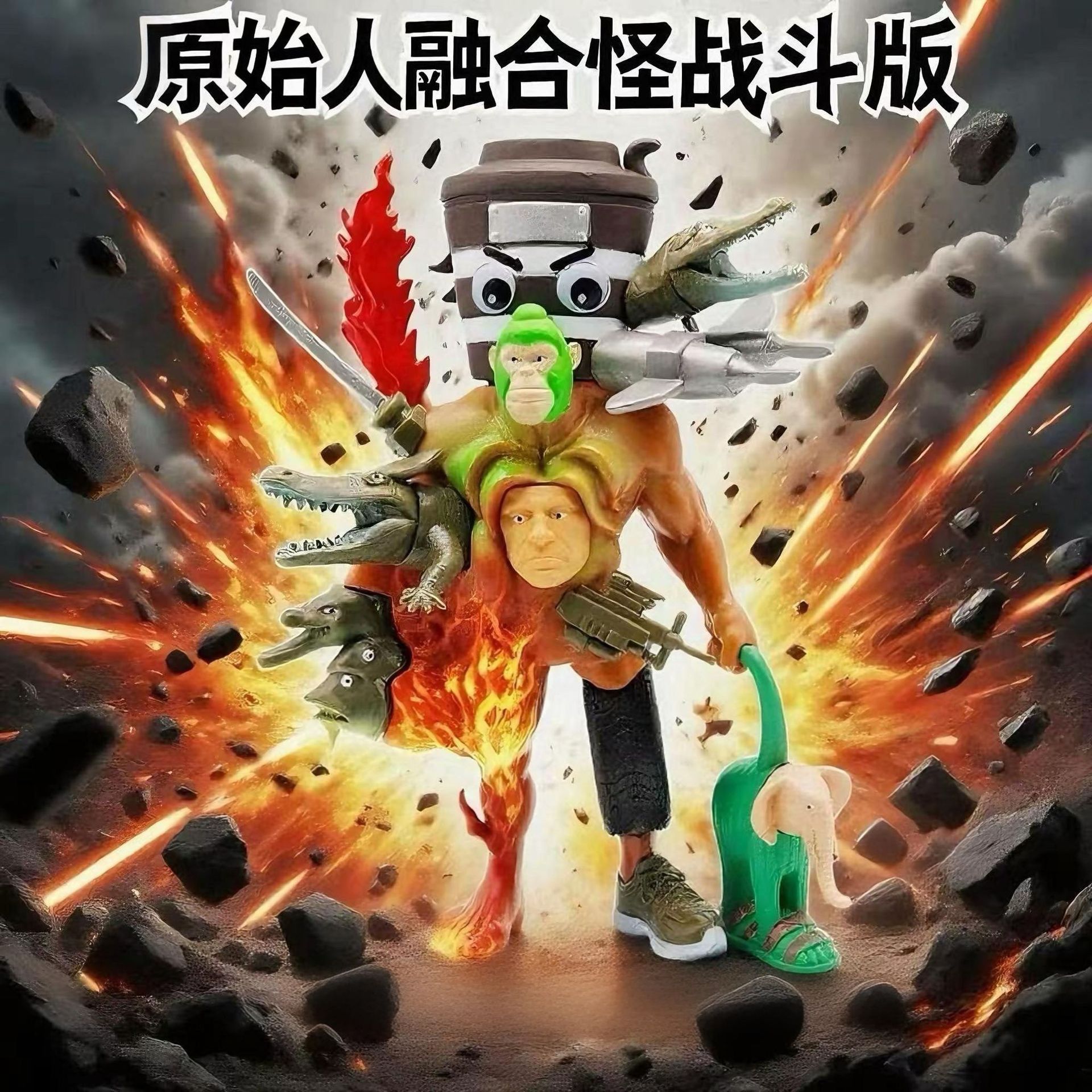 黄金版缝合怪外国AI山海经手办怪物融合版木棍人通通鲨鱼模型玩具