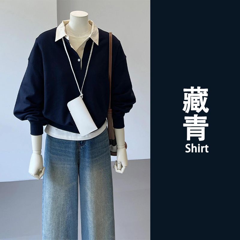 胖MM特大码300斤法式气质拼接polo领长袖卫衣春秋款高级感上衣女|undefined