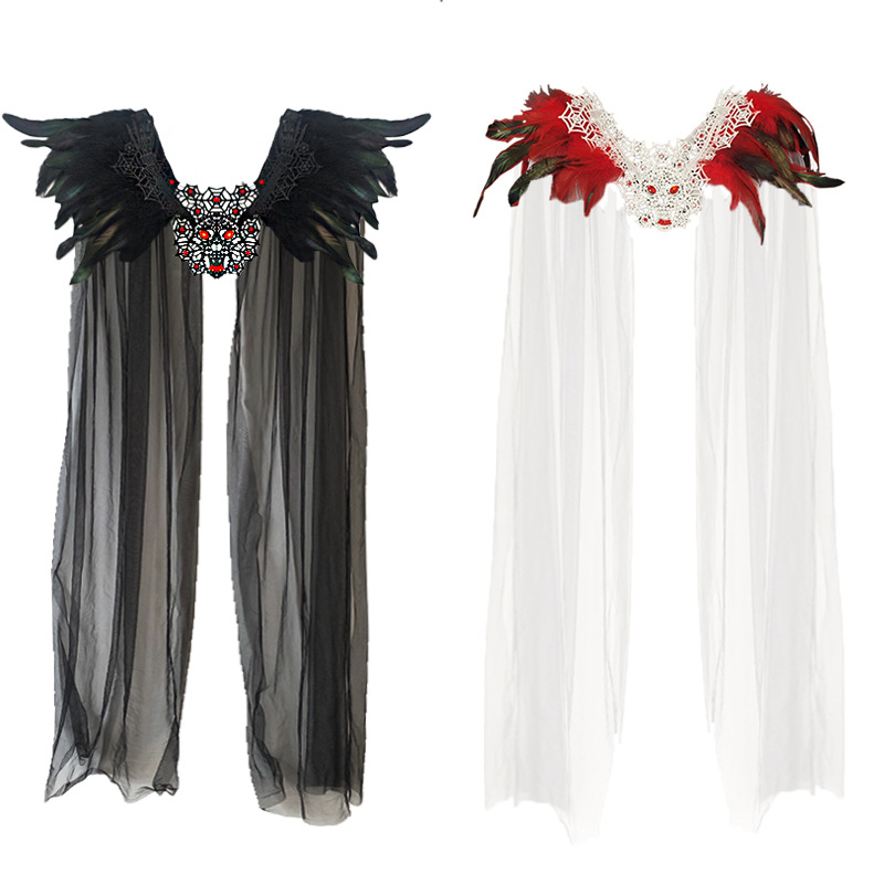 Halloween gótico diamante cráneo negro pluma malla capa vestido de fiesta