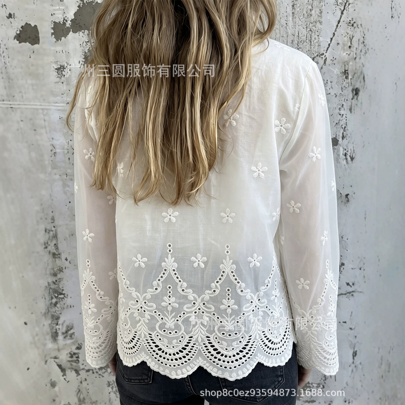 Women's 100% Cotton Collared Buttoned Hollow Embroidered Long Sleeve French Shirt with Hollowed-Out Wave Lace Trim