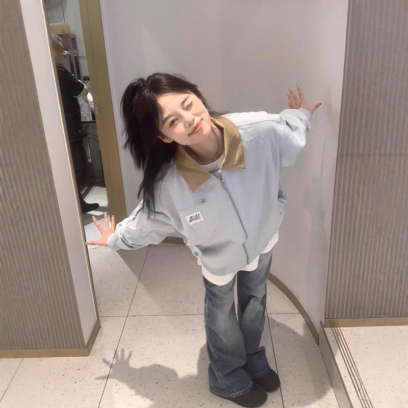 美式复古撞色翻领外套女春秋2025新款休闲宽松情侣开衫夹克棒球服|undefined
