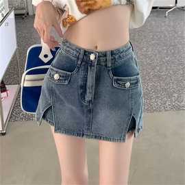 辣妹不规则开叉牛仔半身裙夏2025新款高腰包臀防走光裤裙百搭半裙