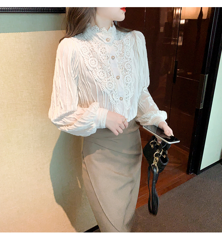 2022 Autumn/Winter new style fleece high-neck lace shirt chiffon shirt top, elegant base layer, fairy pic 7