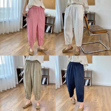 文艺显瘦苎麻哈伦裤女2025夏季新款松紧腰大码麻裤花边休闲小脚裤