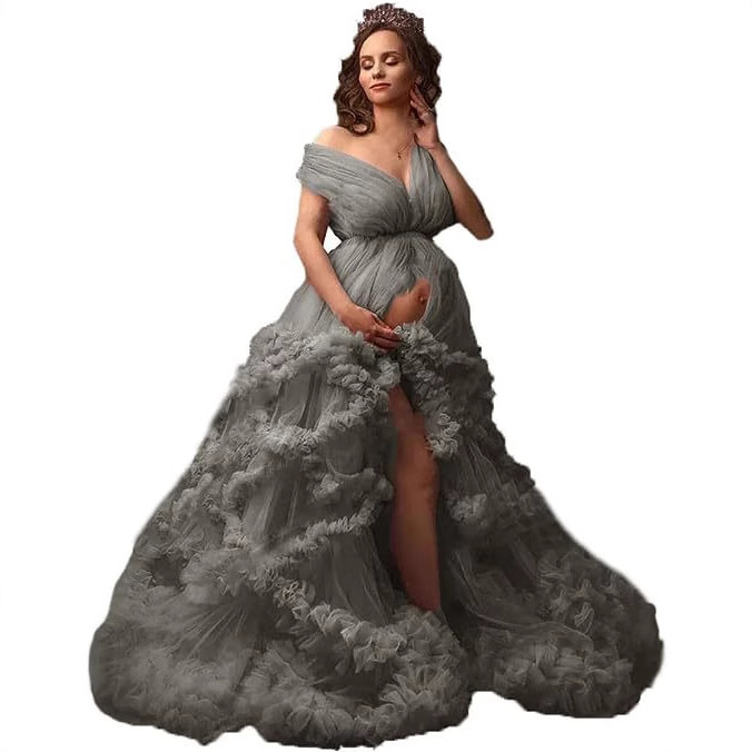 2025 cross-border foreign trade hot new pregnant women mesh dress photo dress deep V perspective party clothes multi-color can do