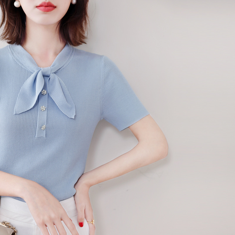 Mu Jun Clothing Factory/ Rhinestone Button Rabbit Ear Bow Tie Short-Sleeve Solid Color Knit Top