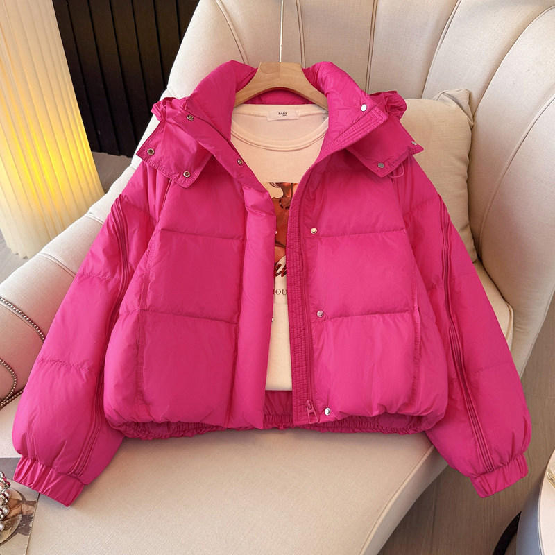 Super Stylish Dragon Fruit Pink Hooded Short Puffer Jacket for Women, 2026 Winter New Thickened Coat