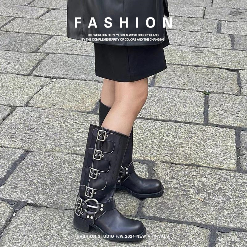 Genuine Leather Boots, Long Boots, Autumn and Autumn Knee Catwalk Style, Western Retro, Timeless, Belt Buckle, Boots, Women's Thick Heels