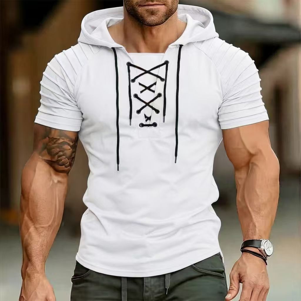 Men's Hooded Polo Shirt With Drawstring And Pleated Sleeves_voghion.com