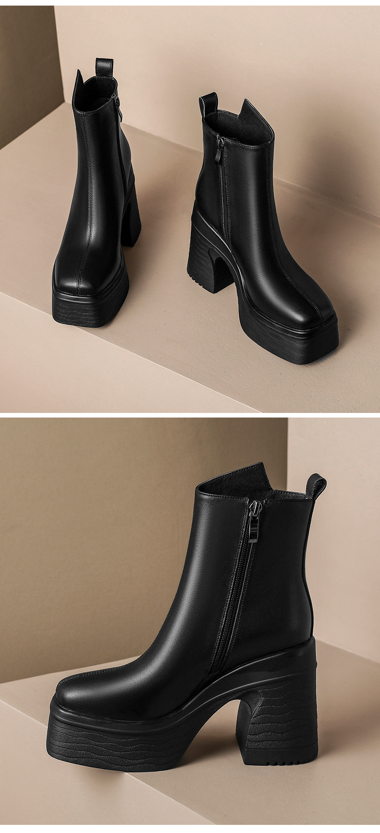 Boot cổ thấp da bò tăng chiều cao đế dày mũi vuông gót vuông nữ — Lớp lót đơn màu be, nhung đen, Lớp lót nhung màu be, Màu đen một lớp chi tiết 9