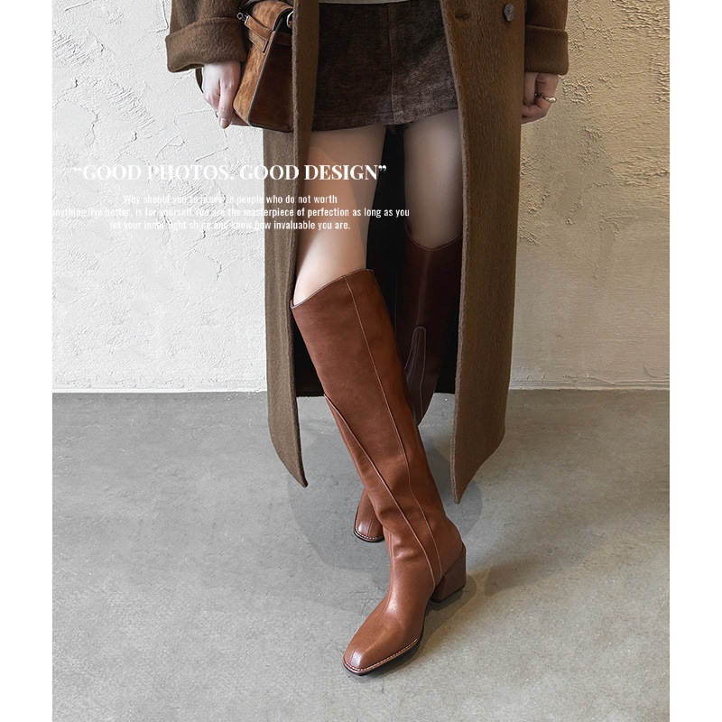 Demi-season retro brown fashionable high boots square toe heels