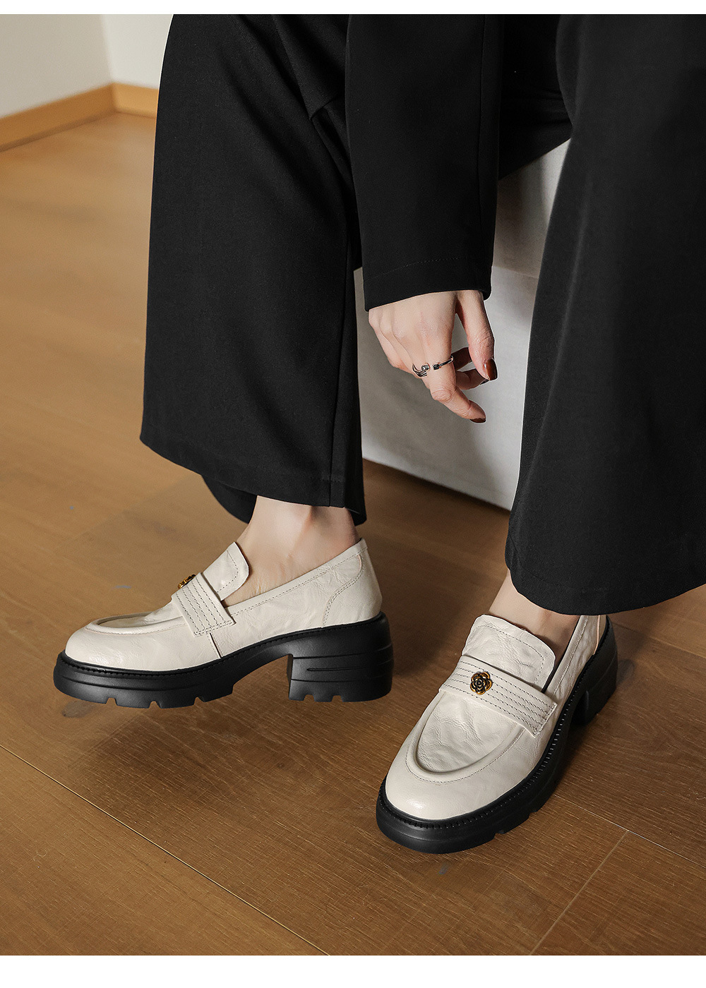 Giày loafer nữ mũi tròn gót vuông dày đế cao 6 cm da cừu — màu nâu chi tiết 14