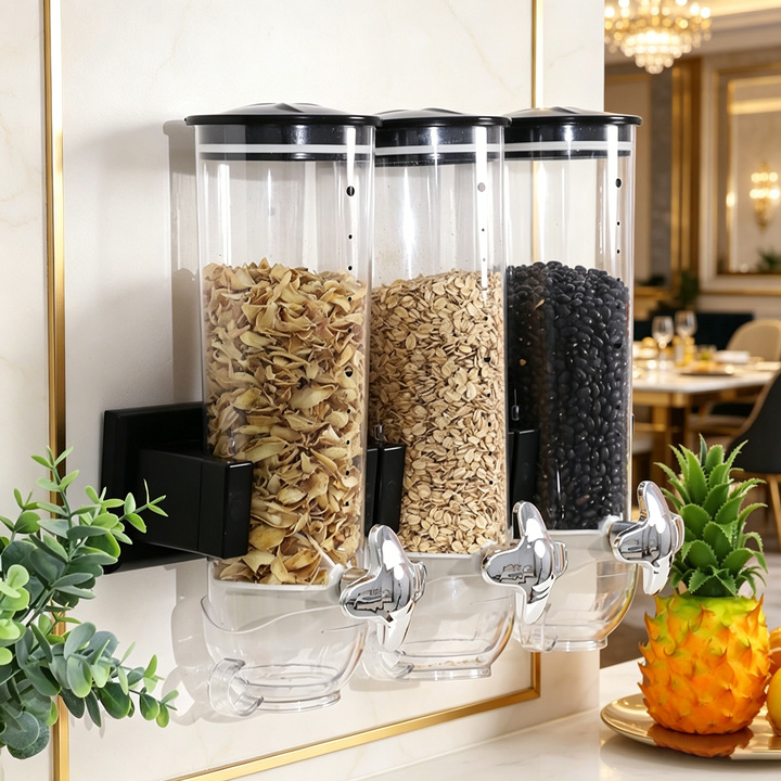 Dispensador de cereales de pared Shengma con tres compartimentos, nuevo modelo, recipiente para almacenar granos, tarro para refrigerios de cocina, tarro hermético para almacenar alimentos