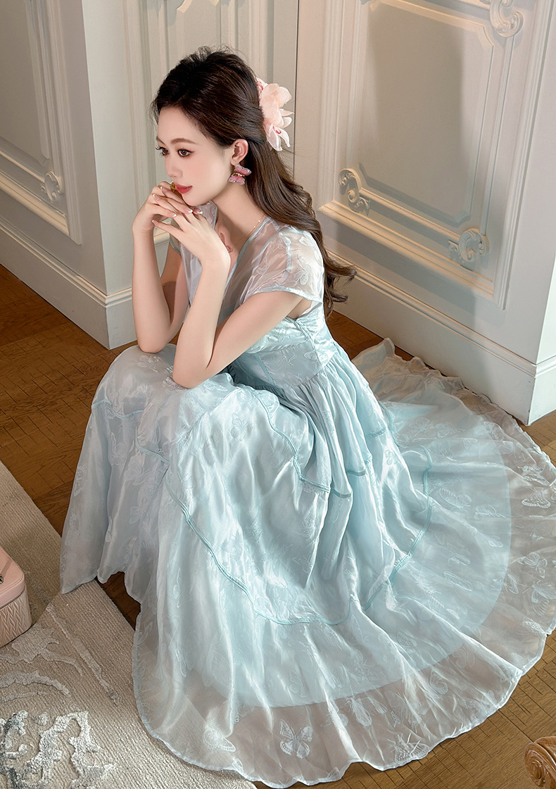 Váy maxi nữ in họa tiết cổ chữ V thắt eo phong cách hoàng gia — Màu xanh cỏ chi tiết 18