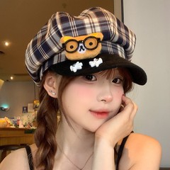 可爱卡通眼镜小熊格纹八角贝雷帽女百搭大头围显脸小鸭舌画家帽子