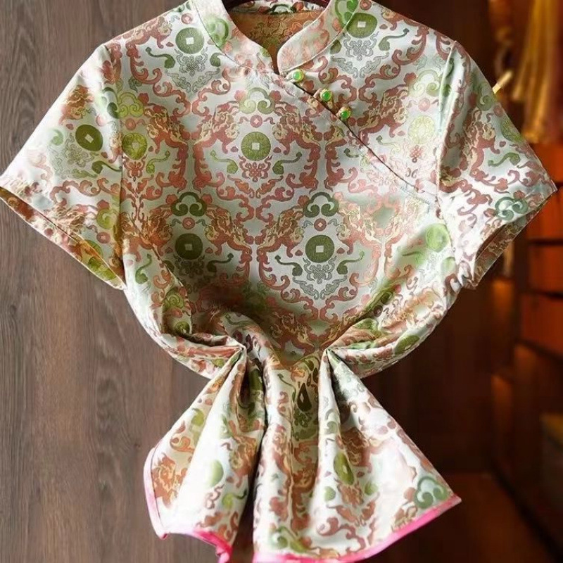 高品質、快適で通気性のあるシルク年齢軽減中年女性改良斜め襟シャツ夏の中国風のレトロな新しい中国風のトップ|undefined