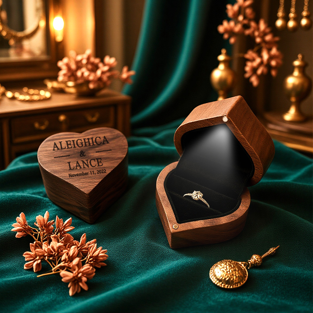 North American Black Walnut Heart-Shaped Ring Box Led Light Engraved Wedding Jewelry Storage Box Wooden Jewelry Box