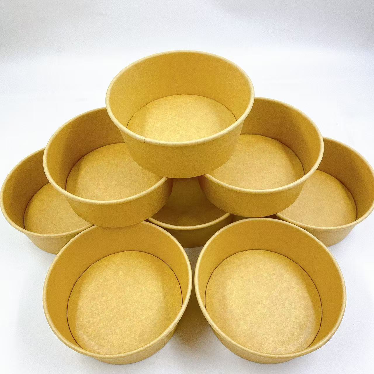 Caja de embalaje de tazón kraft desechable, gachas redondas, tazón de ensalada para llevar, caja de comidas con cubierta, tazón de sopa, tazón de papel, tazón de sopa