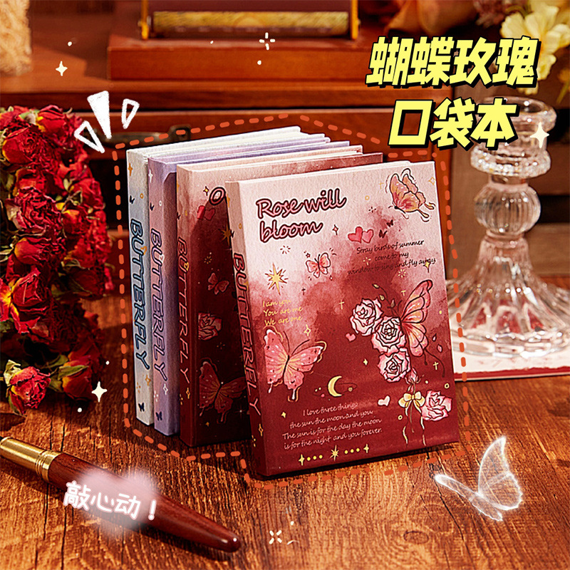 Cuaderno de bolsillo de alto valor Rose Butterfly Mini cuaderno portátil portátil para estudiantes y niñas
