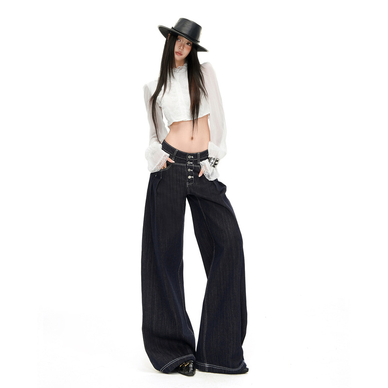 Juvenile Orange # Pleated deconstructed design buttoned wide-leg jeans for women, loose fit, slimming, niche trendy versatile floor-length pants