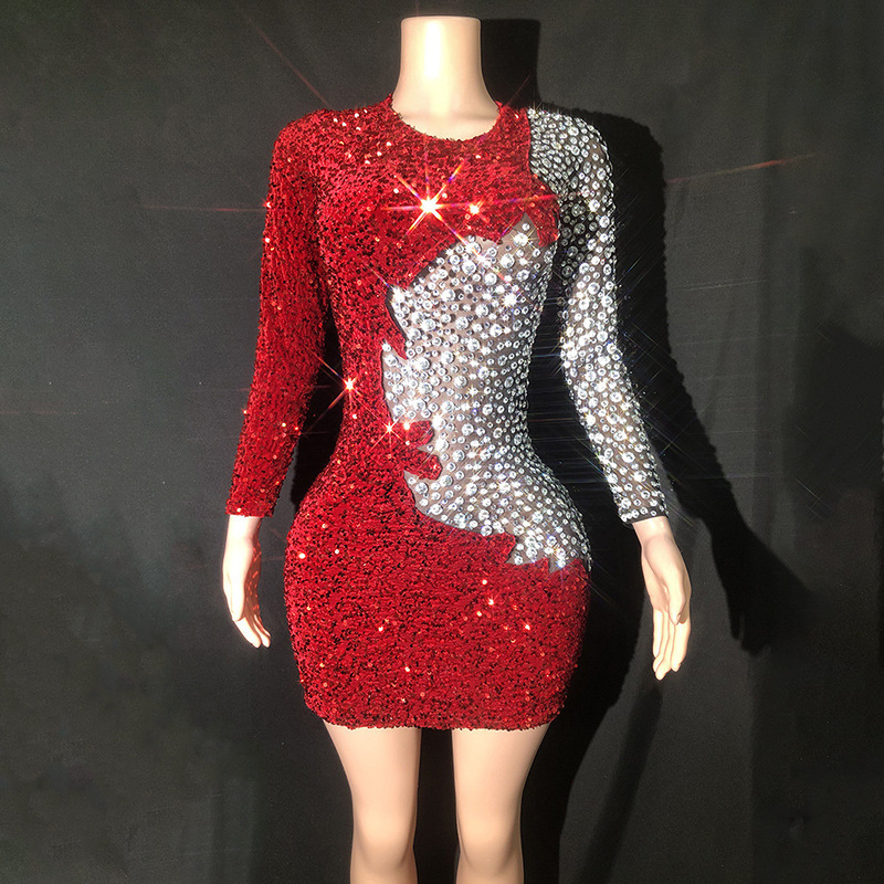 Cross-border Hot Sale Rhinestone Sequin Mesh Tight Ultra Short Dress Mini Skirt Performance Clothing Women Singer Evening Dress