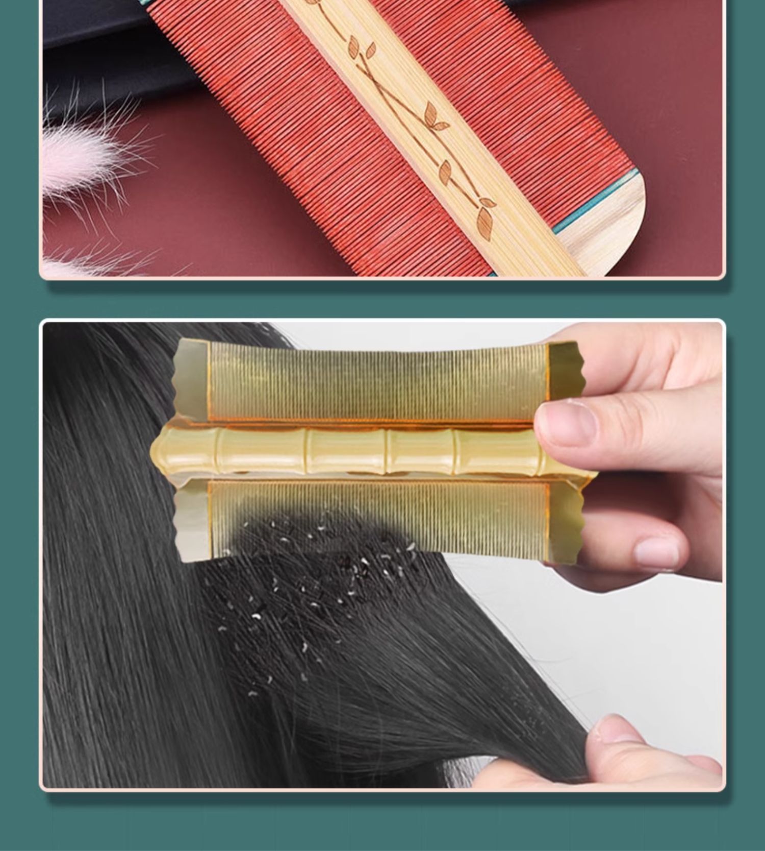 Traditional Bamboo Fine-Tooth Comb Bi Zi 密齿篦子梳 for Hair and Scalp Care Extra Dense Teeth 2 Pack in use