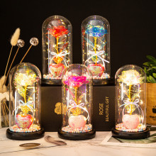 爱心玻璃罩金箔花摆件 圣诞情人节创意礼物 发光仿真玫瑰花束批发