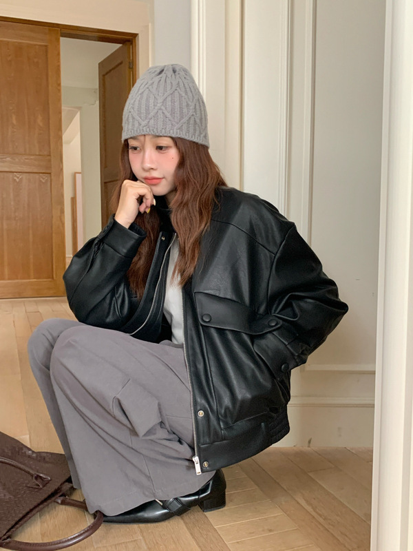 棕色复古立领拉链皮衣女 2025秋季新款皮衣外套女机车夹克短款|undefined