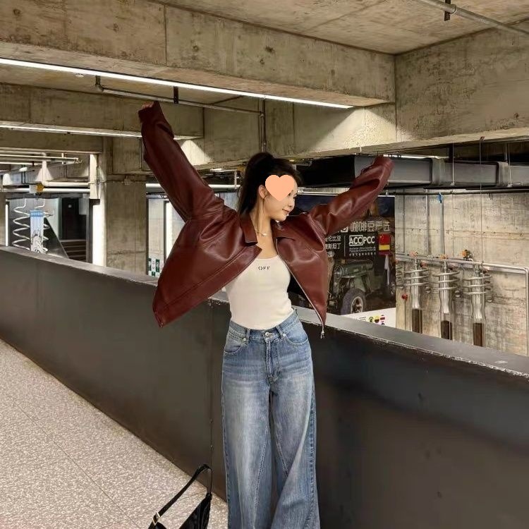 安可拉红皮衣外套女感2025新款美式机车小个子pu夹克上衣|undefined
