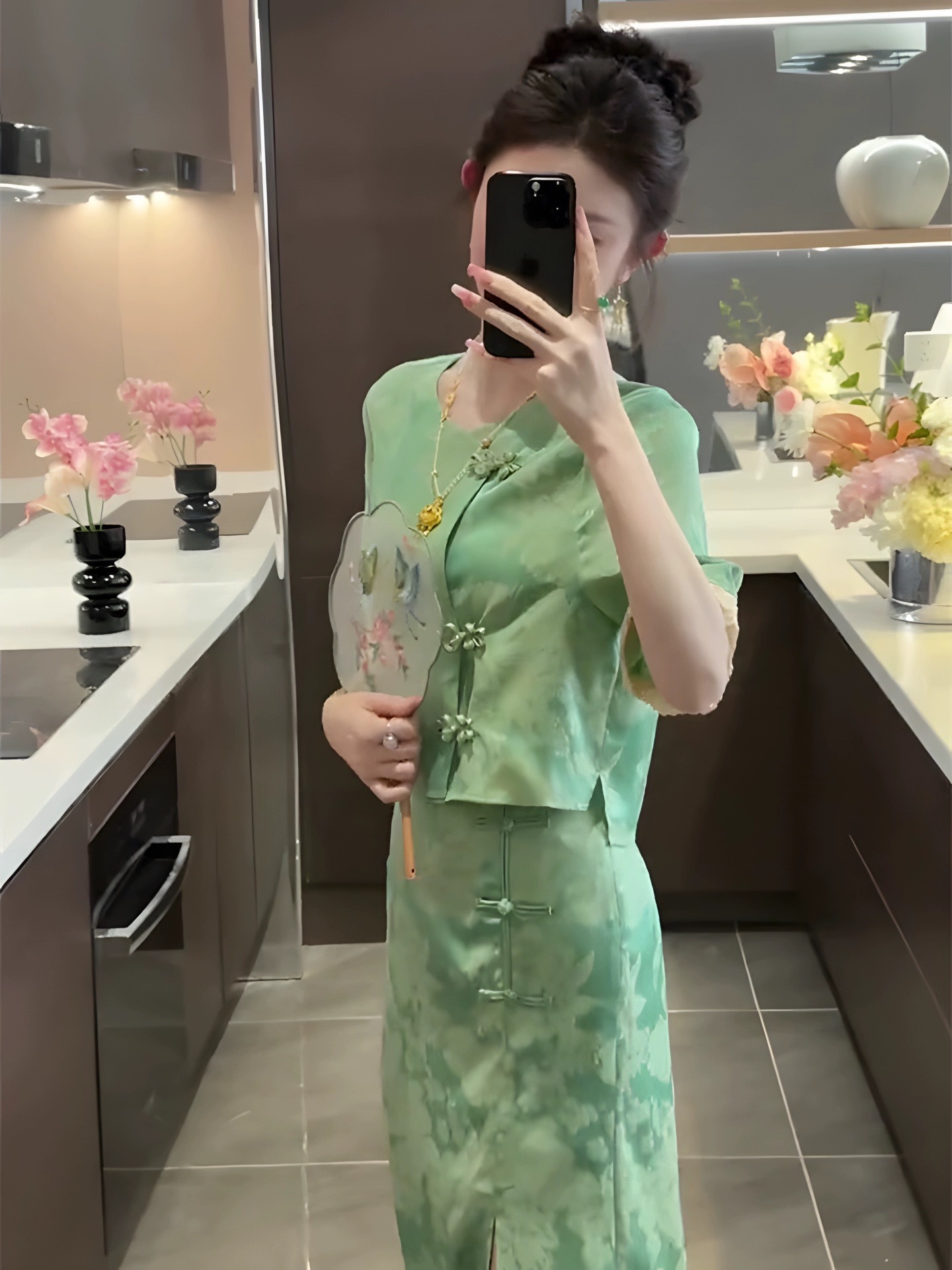 Bộ váy hai mảnh kiểu Trung Quốc mùa hè dành cho nữ, thiết kế sang trọng nhẹ nhàng — Màu xanh lá chi tiết 5