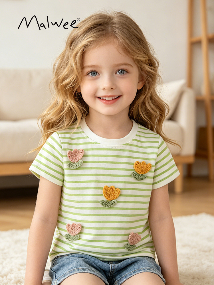 Malwee transfronterizo verano nueva camiseta de niñas a rayas para niños camisas de manga corta impresión de moda para niños europeos y estadounidenses