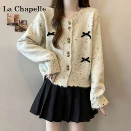 韩系甜妹小香风圆领针织衫上衣秋冬季立体蝴蝶结显瘦长袖毛衣开衫