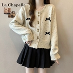 韩系甜妹小香风圆领针织衫上衣秋冬季立体蝴蝶结显瘦长袖毛衣开衫