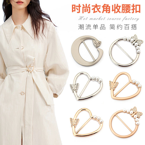 Heart-shaped collar button, tie-up button shirt T-shirt, adjustable waist, Japanese character button, three-position button belt, pearl silk scarf button