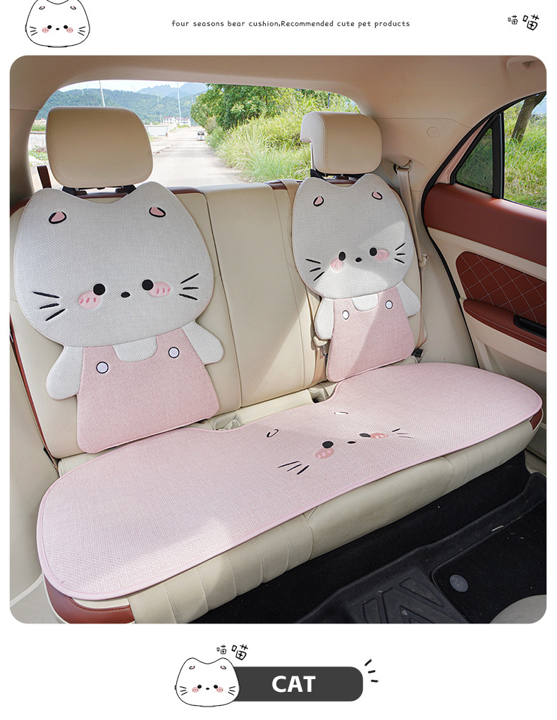 Linen Car Seat Cushion, Universal for All Seasons, Breathable, Rear Seat Cushion with 3D Cute Cat Cartoon Design, Cute Female Seat Cover