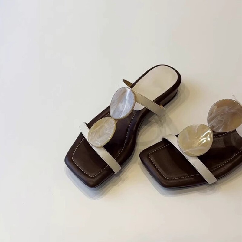 Sheepskin Version ~ Niche French Style Slippers Women's Open Toe Square Toe Elegant Roman Shoes Flat Beach Shoes