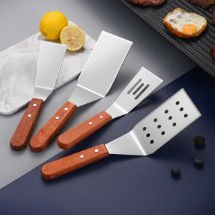 Solid wood handle frying shovel thickened stainless steel hand cake shovel Teppanyaki cooking pancake shovel flat spatula commercial household