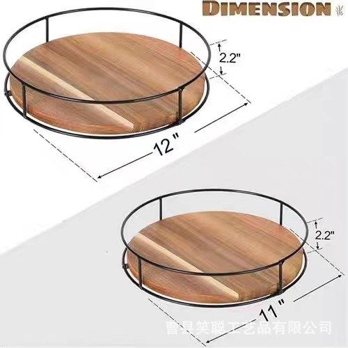 金合欢木质苏珊收纳架钢制侧面杂物整理架桌面橱柜旋转实木托盘