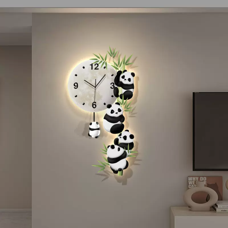 客厅熊猫摇摆挂钟装饰画电视背景墙创意led时钟挂墙餐厅钟表挂画