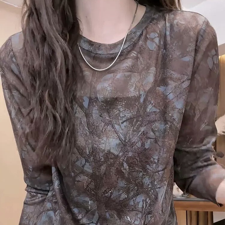 Italian Hm Spring and Summer New Vintage-Style Floral Print Lightweight Round-Neck Long-Sleeve Comfortable Base Shirt