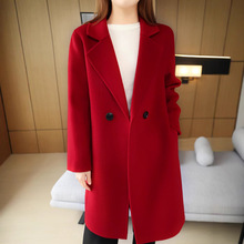 秋冬新款100纯羊毛双面呢大衣女式西装领长款过膝毛呢外套修身款