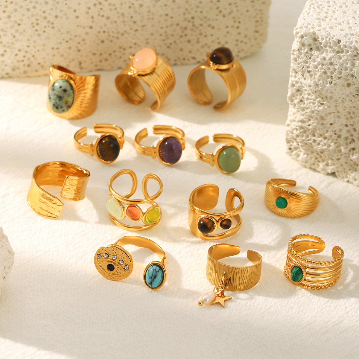 Cross-Border French Retro Natural Stone Stainless Steel Ring Niche High-End Non-Fading Ring Titanium Steel Ring for Women