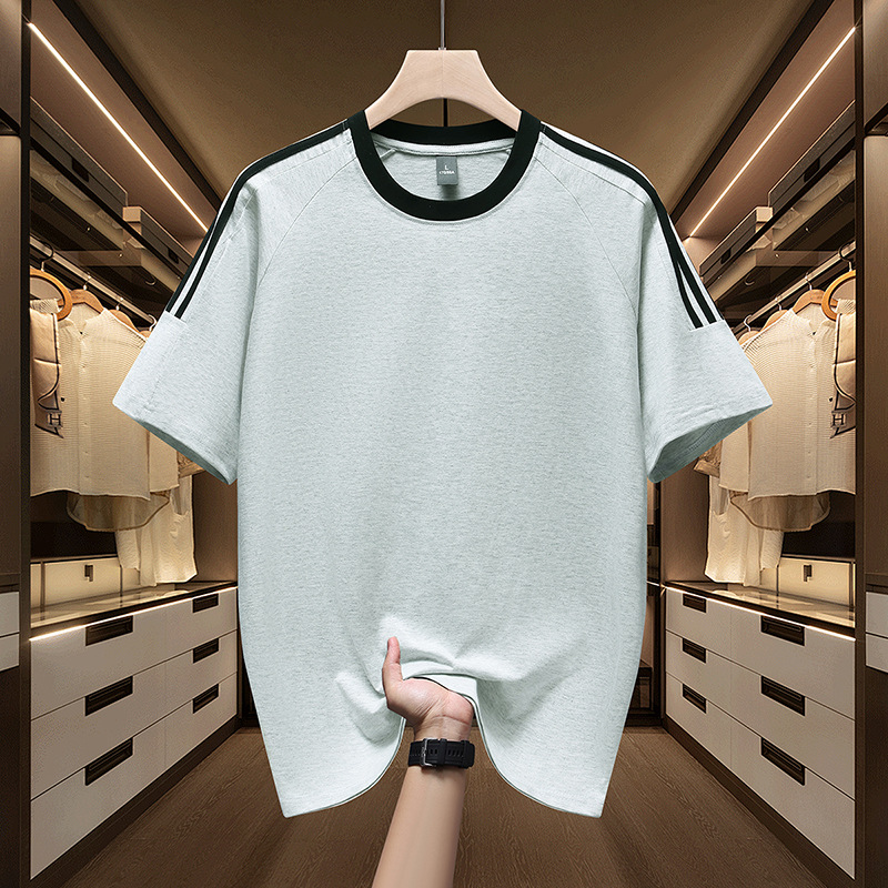 Algodón transfronterizo americano de tres barras de manga corta camiseta deportiva de moda masculina suelta y atractiva chaqueta de comercio exterior