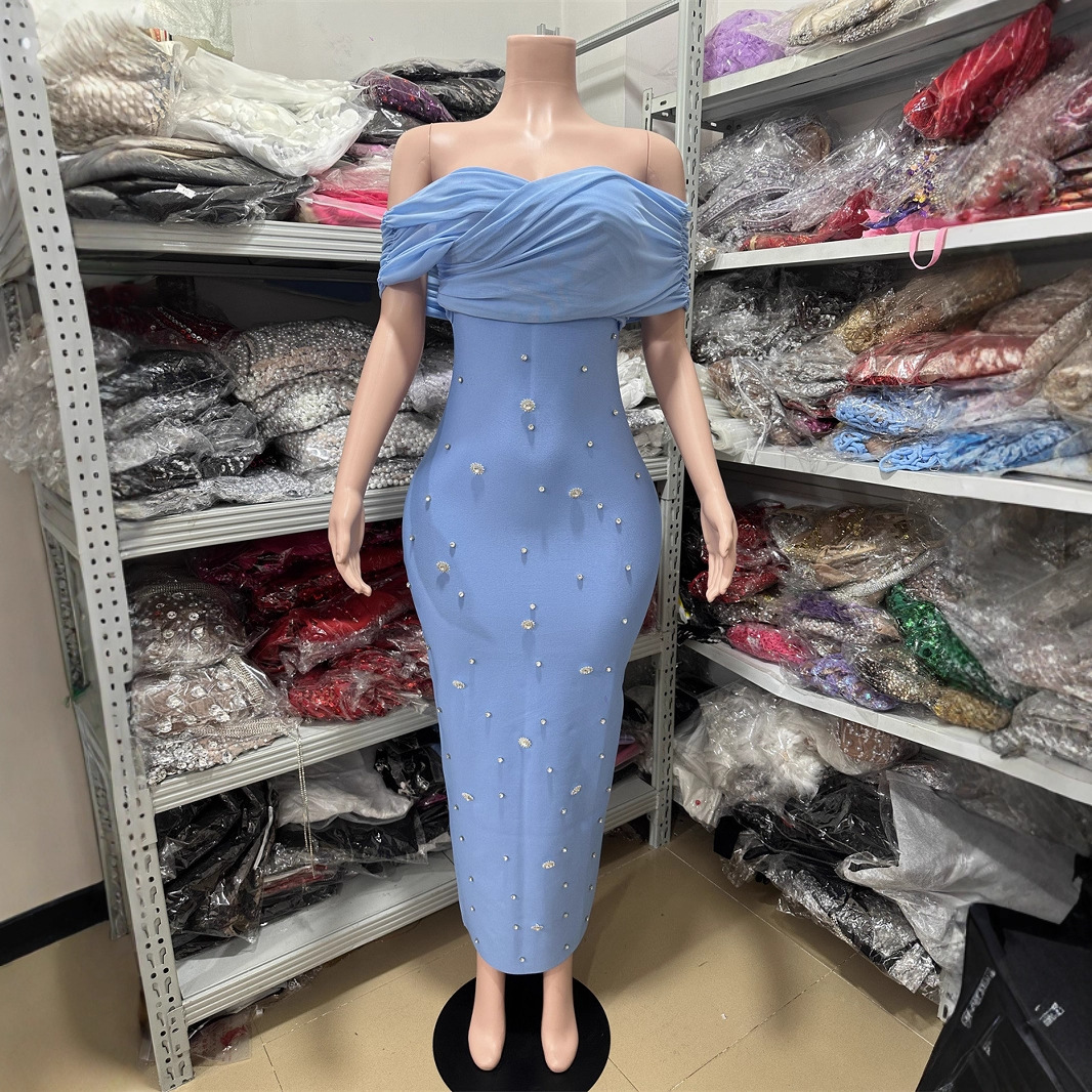 2025夏季新款绷带连衣裙气质优雅时尚设计感一字肩肩镶钻包臀长裙