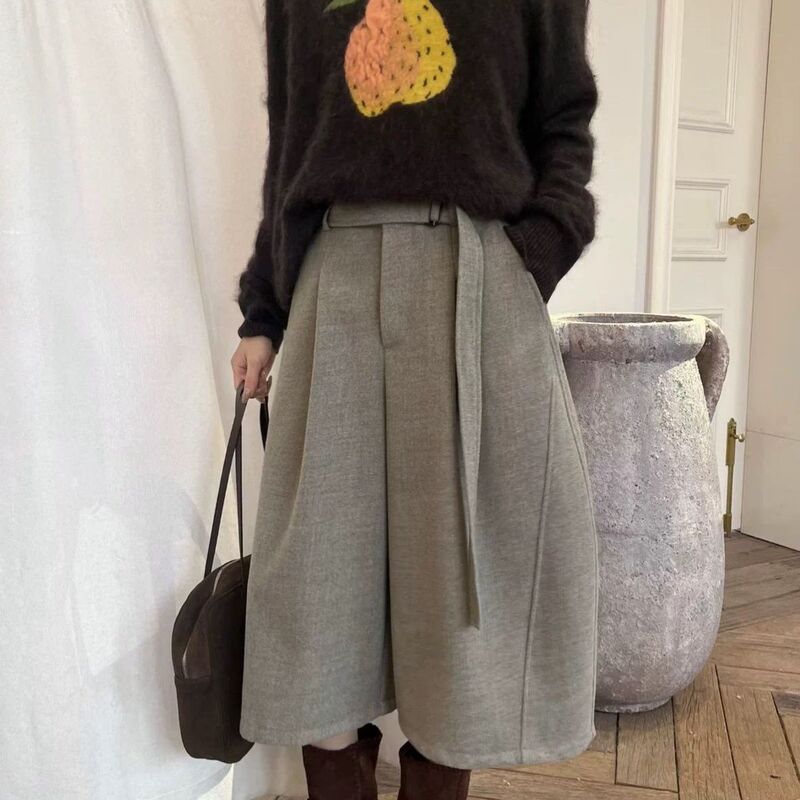 Korean-Style High-Waisted Fleece-Lined Woolen Balloon Pants 2026 Winter New Loose Slimming Casual Cropped Wide-Leg Pants