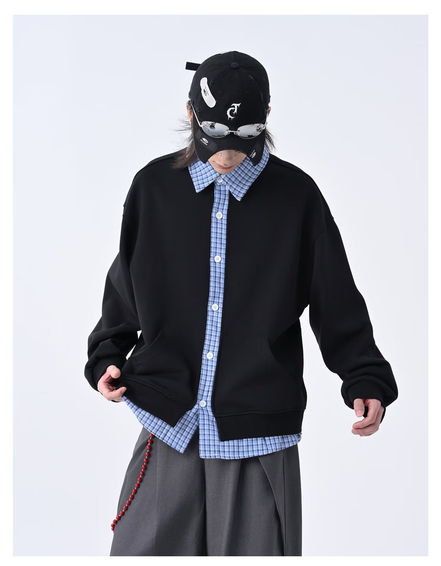 Cardigan con cappuccio rétro patchwork a quadri da uomo_voghion.com