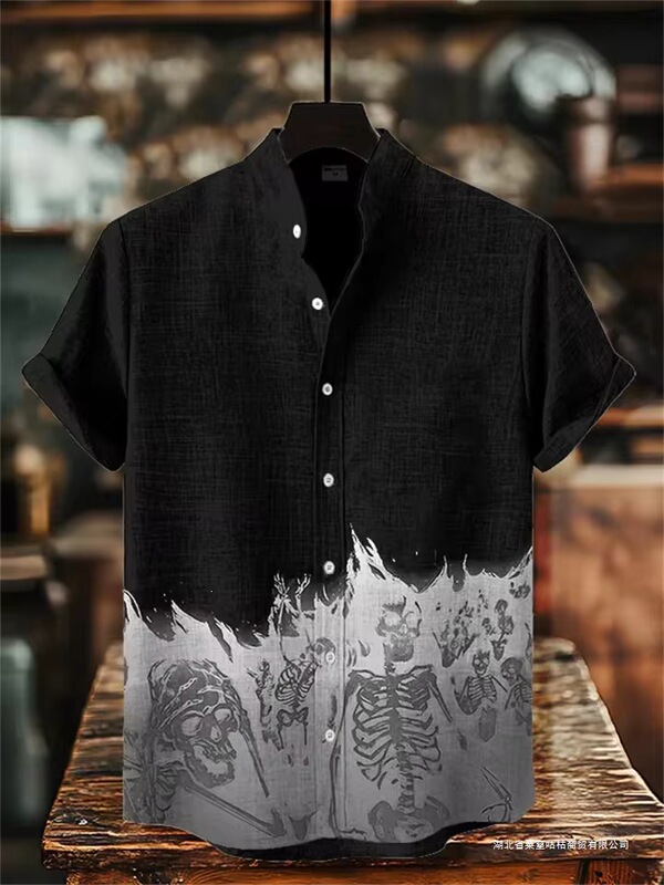 New Fashionable and Cool Linen Short-Sleeved Shirt for Men, Warrior Fighting Dinosaur 3D Printed Casual Top