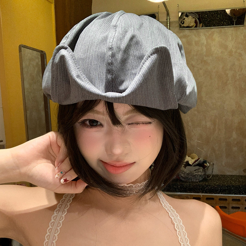 日系复古条纹翻檐贝雷帽女夏季显脸小八角帽大头围灰色帽子画家帽|undefined