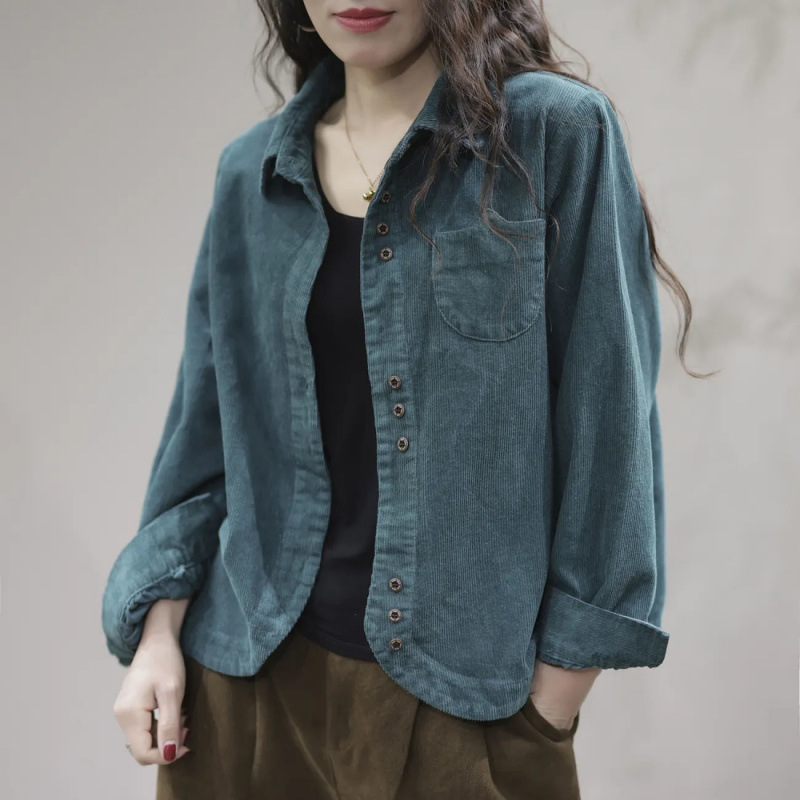2024 Spring and Autumn New Artistic Casual Fashion Black Long Sleeve Lapel Corduroy Women's Shirt Cardigan Women